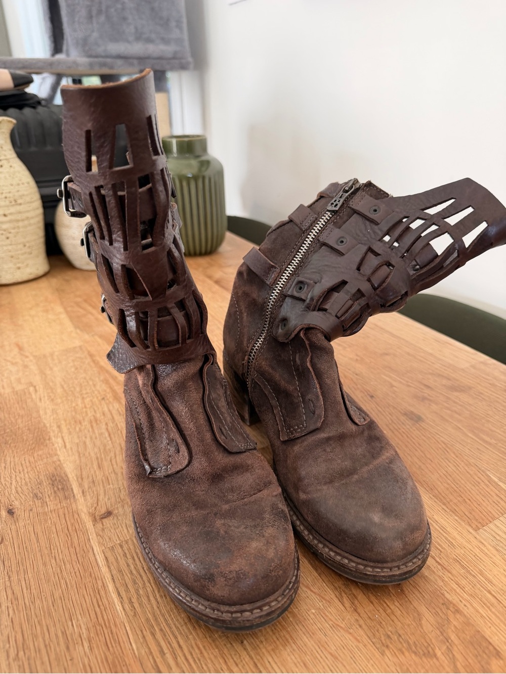 A.S.98 Brown Distressed Leather Cutout Ankle Boots with Zipper